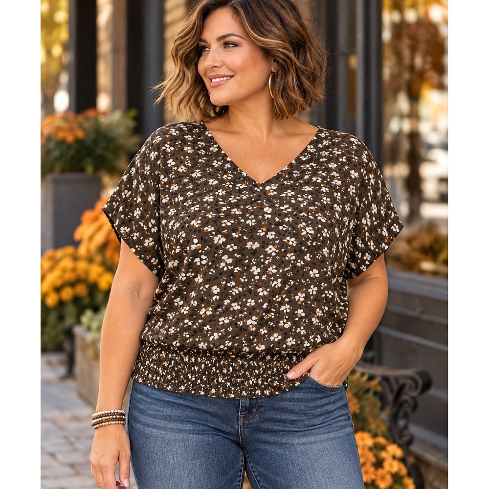 Ann Taylor Factory Brown Floral Blouse Smocked Hem Dolman Sleeve V Neck